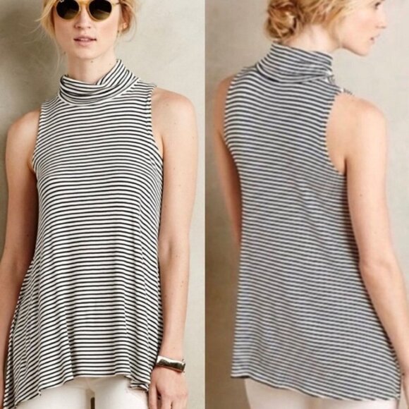 Puella Anthropologie  Striped Mock Neck Tank tunic swing top Made in USA S - Picture 1 of 9
